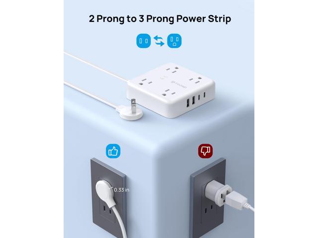 2 Prong Power Strip 5ft, Prong to 3 Prong Outlet Adapter, Polarized Flat Plug, 4 AC 4 USB, Wall Mountable Surge Protector Outlet for Non-Ground...