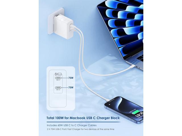 100W USB C Charger with Foldable Plug, Dual 75W Ports Fast Charging for Laptop, Tablet, Smartphone, Includes 6FT USB C to C Cables - White