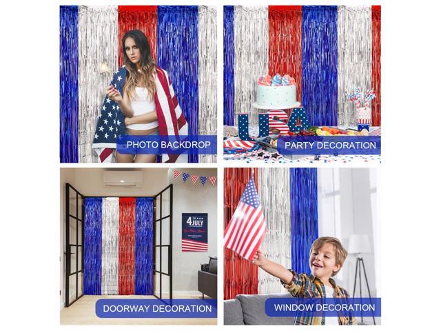 4th of July Decorations, 3Pack Red White and Blue Decorations Streamers Foil Fringe Curtains Photobooth Props Party Backdrop for Themed Olympics...