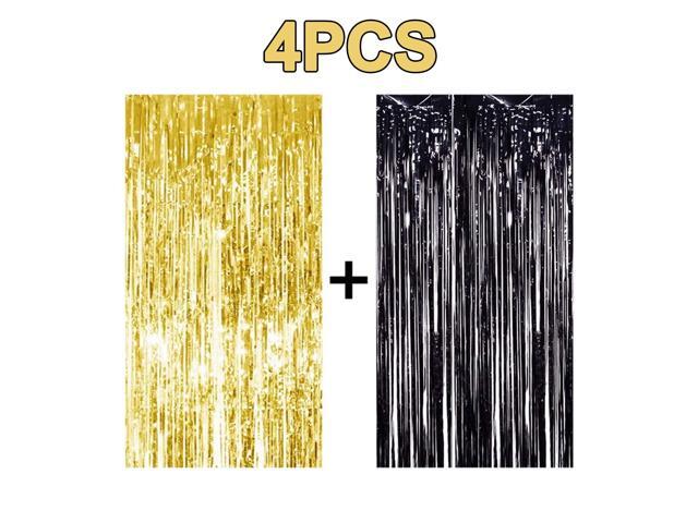 4PCS 3' X 8' Black and Gold Metallic Tinsel Foil Fringe Curtain Backdrop for Photo Booth Birthday Wedding Graduation Party Decoration