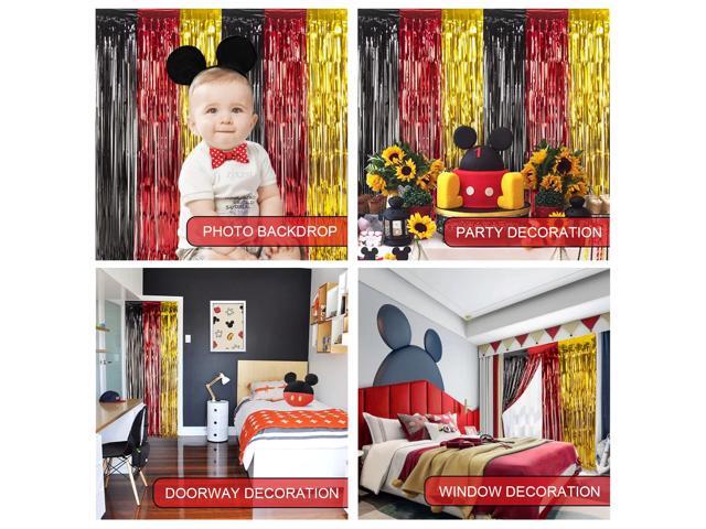 3 Pack Cartoon Mouse Birthday Party Supplies, 3.3x6.6 ft Black Red Gold Birthday Party Decorations Tinsel Foil Fringe Curtains Cute Mouse Photo...