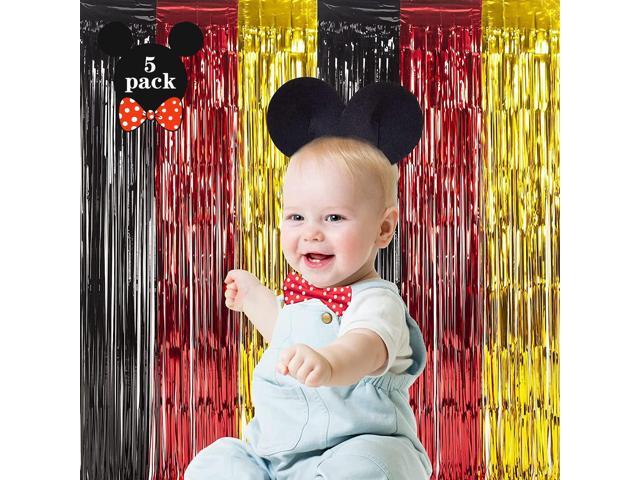 Cartoon Mouse Birthday Party Supplies, 5 Packs of 3.3x6.6 ft Black Red Gold Tinsel Foil Fringe Curtains, Cartoon Photo Booth Prop Streamer...