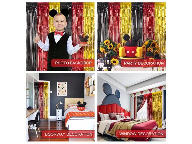 Cartoon Mouse Birthday Party Supplies, 5 Packs of 3.3x6.6 ft Black Red Gold Tinsel Foil Fringe Curtains, Cartoon Photo Booth Prop Streamer...