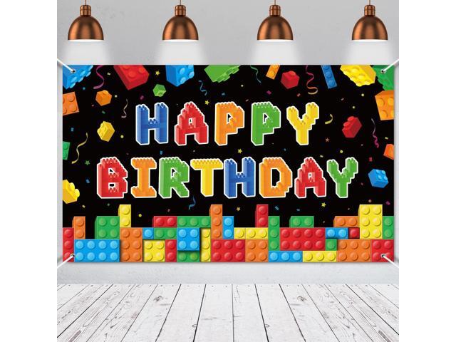 Building Block Birthday Banner Building Blocks Party Backdrop Decoration Happy Birthday Banner Photography Background for Party, 72.8 x 43.3...
