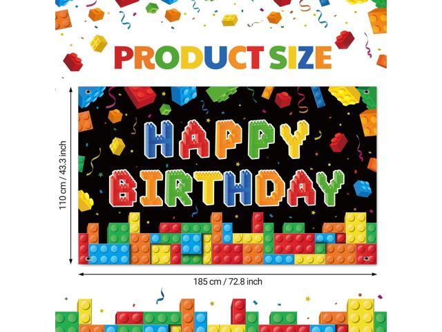 Building Block Birthday Banner Building Blocks Party Backdrop Decoration Happy Birthday Banner Photography Background for Party, 72.8 x 43.3...