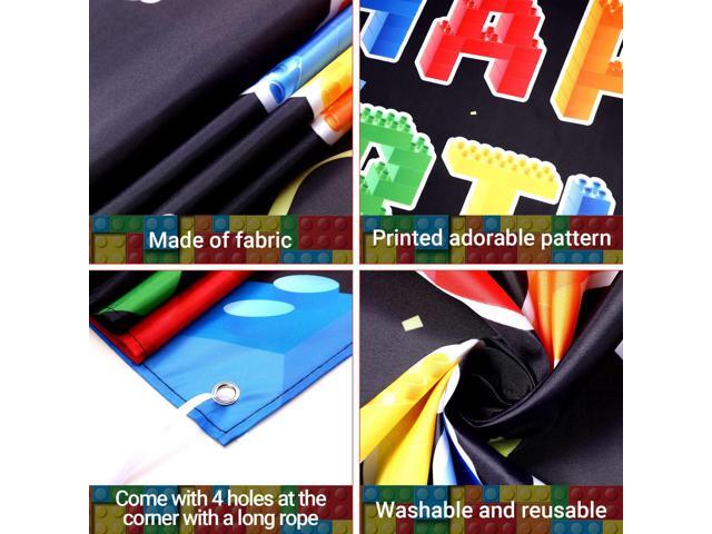Building Block Birthday Banner Building Blocks Party Backdrop Decoration Happy Birthday Banner Photography Background for Party, 72.8 x 43.3...