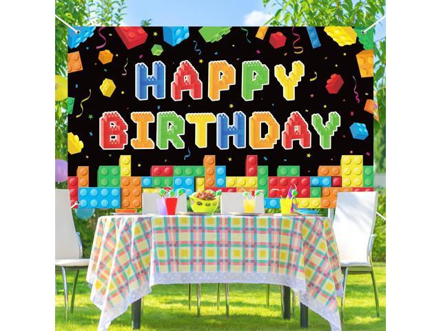 Building Block Birthday Banner Building Blocks Party Backdrop Decoration Happy Birthday Banner Photography Background for Party, 72.8 x 43.3...