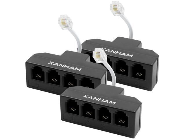 Cable 4 Way Splitter (3 Pack) 6P4C Connector Phone Line Cord Adapter with 3 inch Cable for Landline Telephone Wire, Black