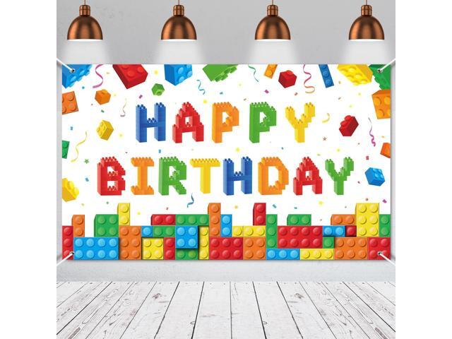 Building Block Birthday Banner Party Backdrop Decoration Happy Birthday Banner Photography Background for Party, 72.8 x 43.3 Inch(White)
