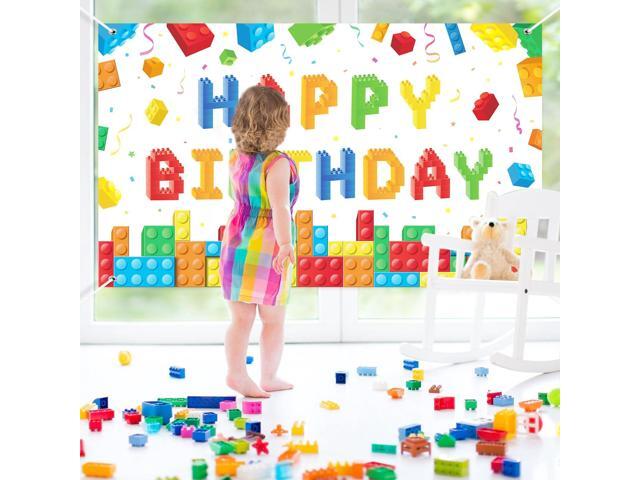Building Block Birthday Banner Party Backdrop Decoration Happy Birthday Banner Photography Background for Party, 72.8 x 43.3 Inch(White)