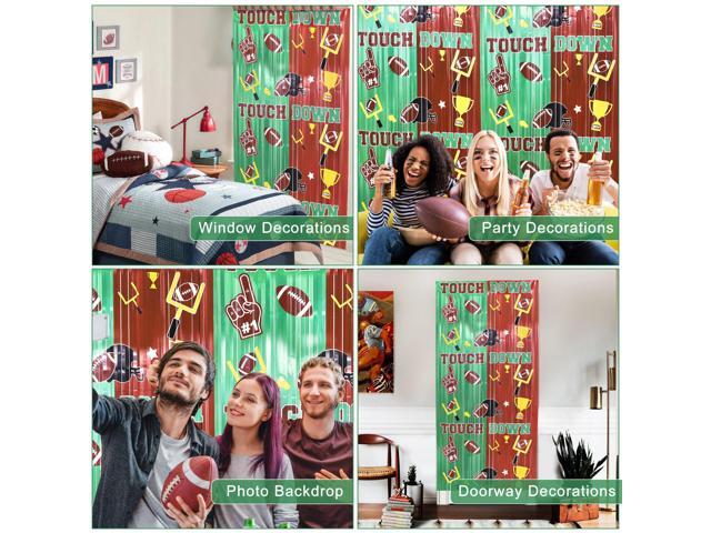 Party Decorations Foil Fringe Curtains, 2 Pack 3.3x6.6ft Green Brown Tinsel Backdrop for Game Day Photo Booth Backdrops Football Party Decorations