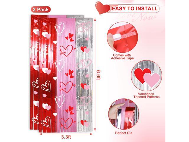 Foil Fringe Curtains Backdrop Party Decorations, 2 Pack 3.3 x 6.6 FT Red Pink Silver Tinsel Day Backdrop, Photo Backdrops Day Decor Wedding Party...