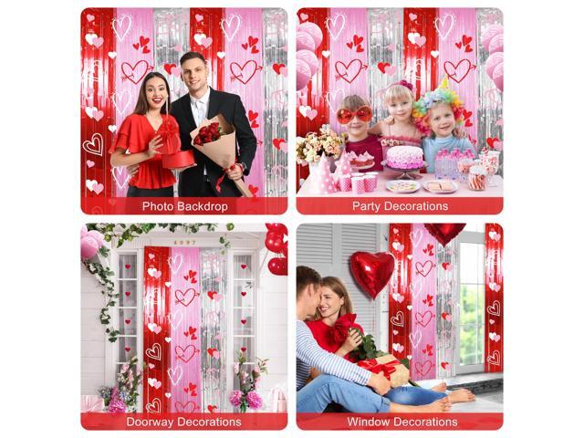 Foil Fringe Curtains Backdrop Party Decorations, 2 Pack 3.3 x 6.6 FT Red Pink Silver Tinsel Day Backdrop, Photo Backdrops Day Decor Wedding Party...