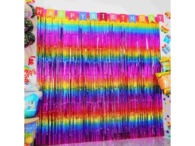 Pack of 4 Sparkly Neon Rainbow Foil Fringe Curtain Backdrop Metallic Streamers Photo Booth Props for Birthday Bachelorette Gay Pride Day Graduation...