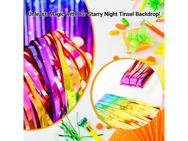 Pack of 4 Sparkly Neon Rainbow Foil Fringe Curtain Backdrop Metallic Streamers Photo Booth Props for Birthday Bachelorette Gay Pride Day Graduation...