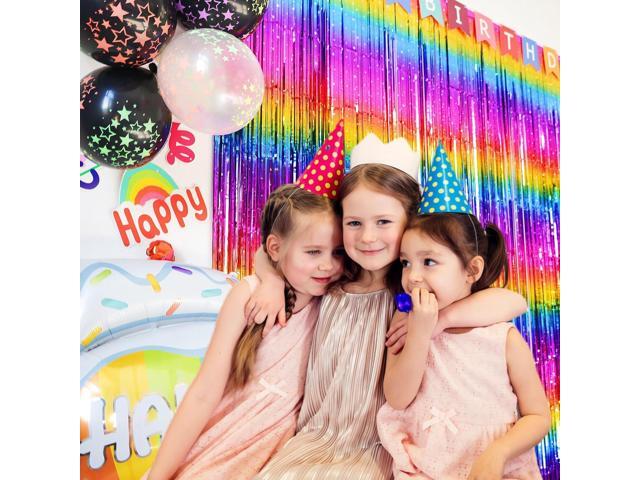 Pack of 4 Sparkly Neon Rainbow Foil Fringe Curtain Backdrop Metallic Streamers Photo Booth Props for Birthday Bachelorette Gay Pride Day Graduation...