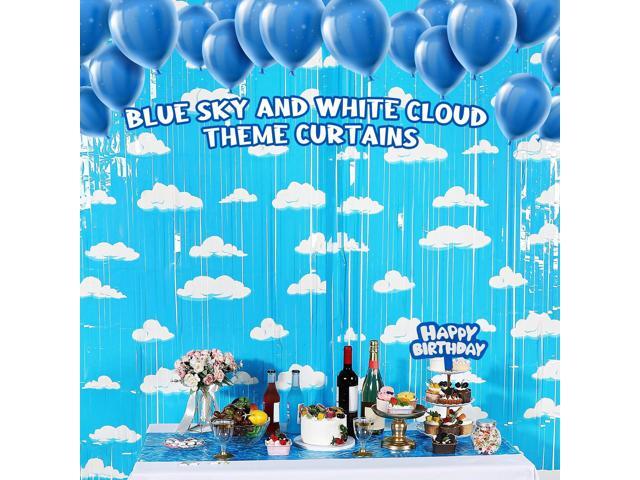 Blue Sky White Clouds Birthday Party Supplies, Clouds Theme Tinsel Foil Fringe Curtains Toy Party Supplies, Cartoon Story Backdrop for Baby Shower...