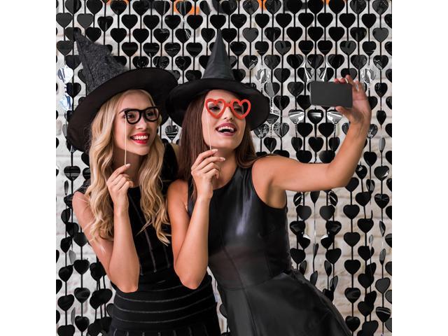 2 Pack Gothic Black Heart Curtains 3.3x6.6ft, Tinsel Foil Fringe Curtains Backdrop for Valentine's Birthday Bachelorette Party Farewell Wedding...