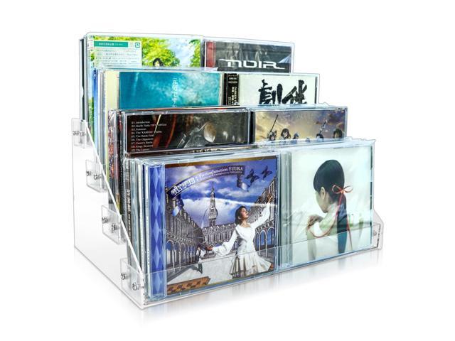4Tier Clear Acrylic CD Holder - Cascading CD & DVD Storage Rack with Vinyl Record Stand - Holds up to 32 Cases (Large, Clear)