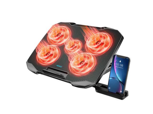Cooling Pad for 12-15.6 Inch Notebooks, Laptop Cooling Stand with 5 Quiet Fans, 5 Height Adjustable, 2 USB Ports, Phone Stand