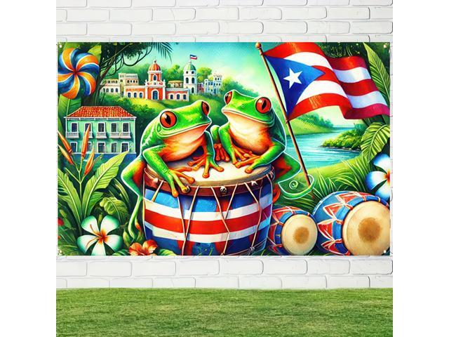 Banner 71 x 43 inchs Frog Drum Flag Backdrop Tropical Island Festival Wall Decor for Party Parade Cultural Event Home Decoration