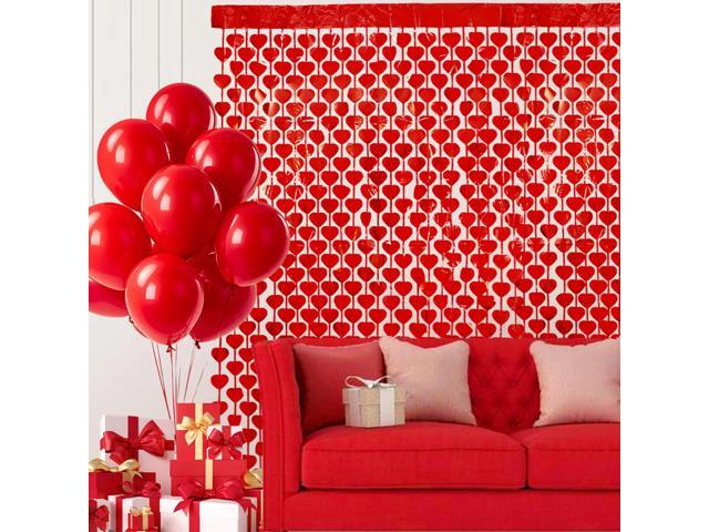 4 Pack Foil Fringe Curtain with Balloons, 3.3X6.6Ft Red Heart Shape Tinsel Fringe Curtain Photo Backdrop for Day Wedding Birthday Decor