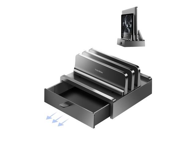 Vertical Laptop Stand with Drawer, Dual Slots Plastic Laptop Holder Storage with Space Saving 4-in-1 Design, Adjustable Laptop Organizer Stand for...