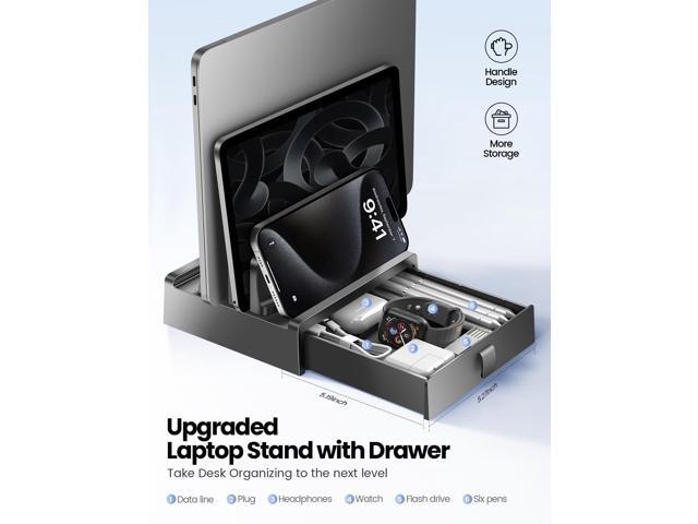 Vertical Laptop Stand with Drawer, Dual Slots Plastic Laptop Holder Storage with Space Saving 4-in-1 Design, Adjustable Laptop Organizer Stand for...