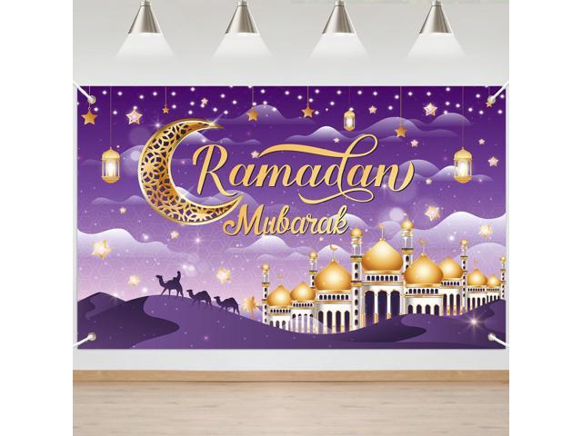 Large Size Backdrop Banner Eid Mubarak Sign Backdrop Background for Muslim Ramadan Party Supplies, 71 x 43 Inch