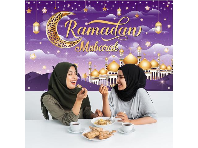 Large Size Backdrop Banner Eid Mubarak Sign Backdrop Background for Muslim Ramadan Party Supplies, 71 x 43 Inch