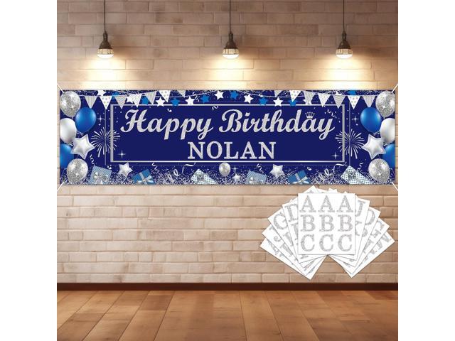 Personalized Birthday Banner Happy Birthday Party Decor Custom DIY Silver and Blue Birthday Party Backdrop with Name Alphabet Letter Sticker Happy...