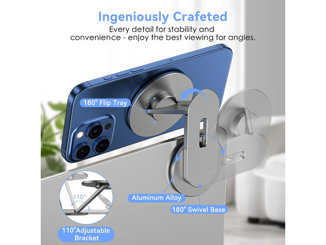 Magnetic Laptop Phone Holder, 360° Rotating Mount Compatible with All Phones, PC Monitor, Screen Stand for Portable Accessory, Grey