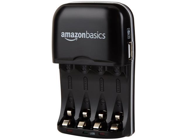 Rechargeable Battery Charger for AA & AAA Ni-MH Batteries with USB Port, Portable, Travel-Friendly, Over-Charge Protection, Black