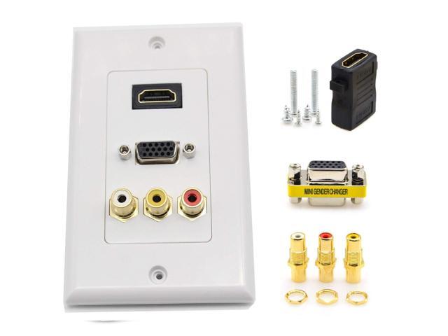 Multifunction Hdmi VGA 3RCA Combo Home AV Outlet Audio Video Wall Plate Face Cover Plate Panel(1 Hdmi+ 3 RCA + 1 Vga)-White