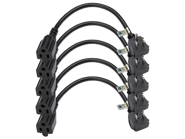 [5-Pack] 1 Foot Short Power Extension Cord, 16 AWG Angle Power Extension Cable Cord for NEMA 5-15R to NEMA 5-15P, 0.3M / Black