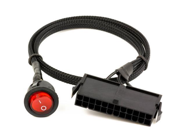 24-Pin ATX Jumper Cable - 24 inch (60cm), Black Sleeved - RED LED Switch Power Toggle Cable for 24-Pin ATX Power Supplies