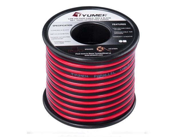 40 Feet 18 AWG Gauge 2 Conductor Stranded Red Black Car Home Stereo Speaker Audio Cable Electrical Hookup Wire - 99.95% Oxygen Free Copper Wires