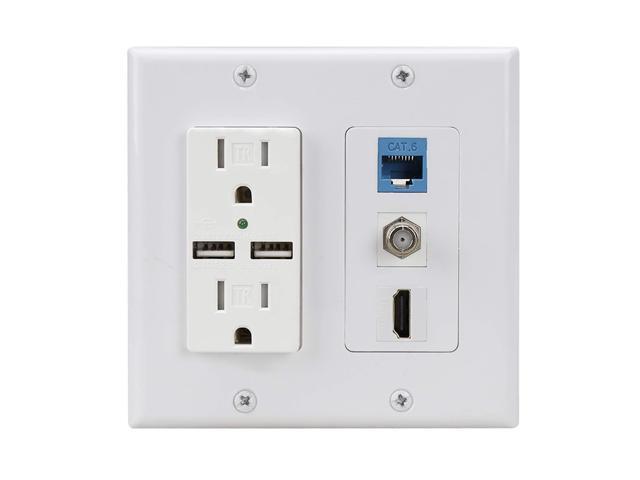 Hdmi USB Outlet Charger Wall Plate, 2 Power Outlet 15A with Dual 2.1A USB Charger Port, 1 HDMI HDTV + 1 CAT6 RJ45 Ethernet + Coaxial Cable TV F...