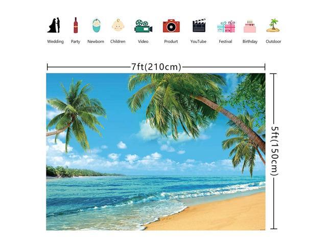Polyester Tropical Beach Photography Backdrop Summer Palm Trees Blue Sea Sky Sunshine Luau Themed Party Decorations Banner 7x5FT