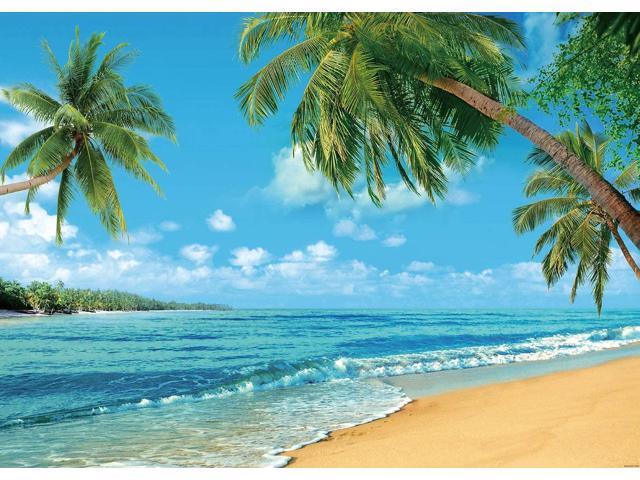 Polyester Tropical Beach Photography Backdrop Summer Palm Trees Blue Sea Sky Sunshine Luau Themed Party Decorations Banner 7x5FT