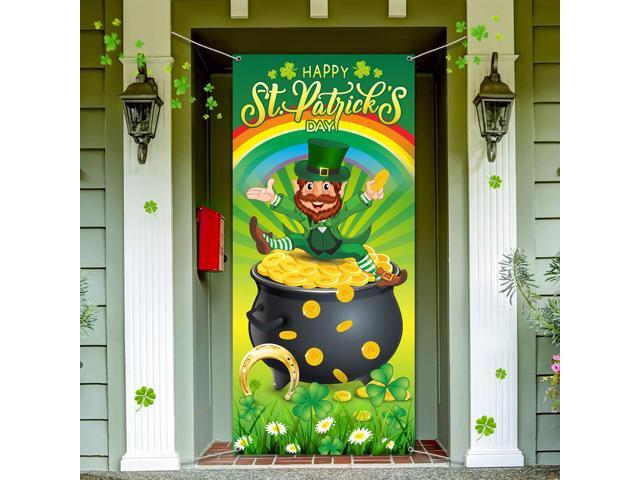 Door Cover, Lucky Green Shamrocks Spring Rainbow Backdrop Hat Leprechaun Gold Coin Pot Background Banner for Irish Holiday Party Decoration Supplies