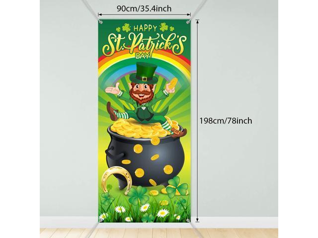 Door Cover, Lucky Green Shamrocks Spring Rainbow Backdrop Hat Leprechaun Gold Coin Pot Background Banner for Irish Holiday Party Decoration Supplies