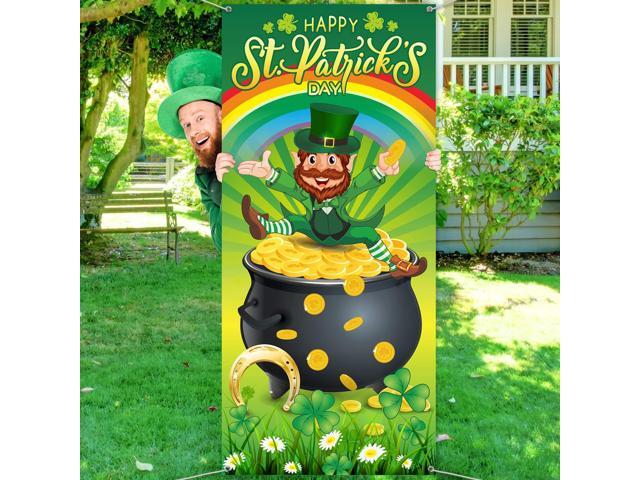 Door Cover, Lucky Green Shamrocks Spring Rainbow Backdrop Hat Leprechaun Gold Coin Pot Background Banner for Irish Holiday Party Decoration Supplies