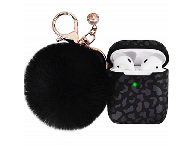 Compatible with Airpod 2 & 1 Case Cover, Cute Silicone Protective Accessories Cases/Keychain/Pompom, Best Gift for Girls and Women, Leopard Black