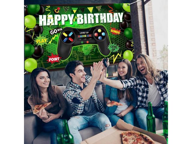 Video Game Happy Birthday Backdrop Level up Gaming Theme Party Background Photo Props for Party Wall Decorations Supplies(Green)