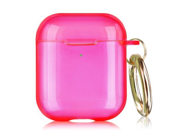 Clear Soft TPU Protective Cover Compatible with AirPods 1st 2nd Generation Wireless Charging Case with Keychain (Neon Hot Pink)