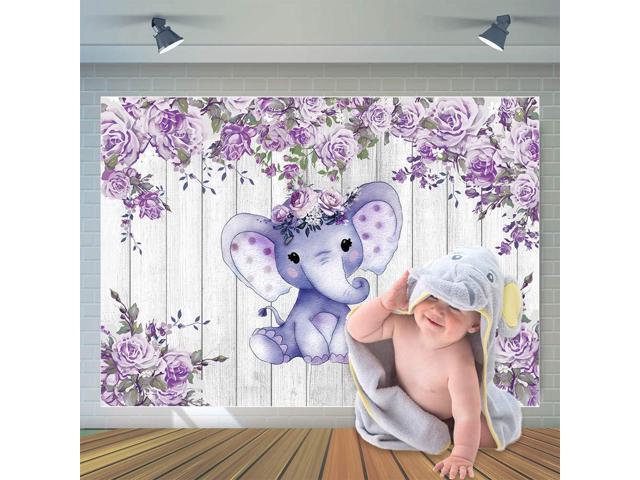 7X5ft Elephant Theme Backdrop Rustic Wood Backdrop Baby Shower Party Purple Flower Banner Newborn Kids Birthday Cake Table Decoration Banner D511