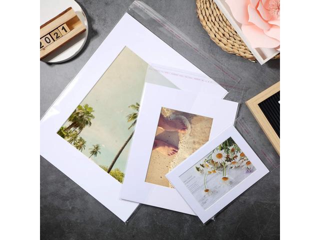 12 Sets White Picture Mat Set, 5' x 7', 8' x 10', 11' x 14' Photo Frame Mattes with White Core Bevel Cutting Mat Board and 20 Transparent Bags for...