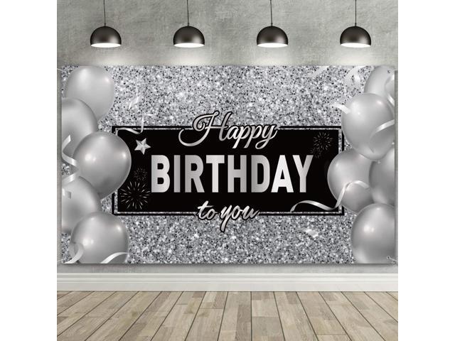 Black Silver Happy Birthday Banner Backdrop Party Decoration for Men Women Birthday Party Decorations Supplies Photo Props Background, 72.8 x 43.3...