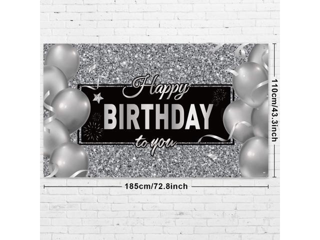 Black Silver Happy Birthday Banner Backdrop Party Decoration for Men Women Birthday Party Decorations Supplies Photo Props Background, 72.8 x 43.3...